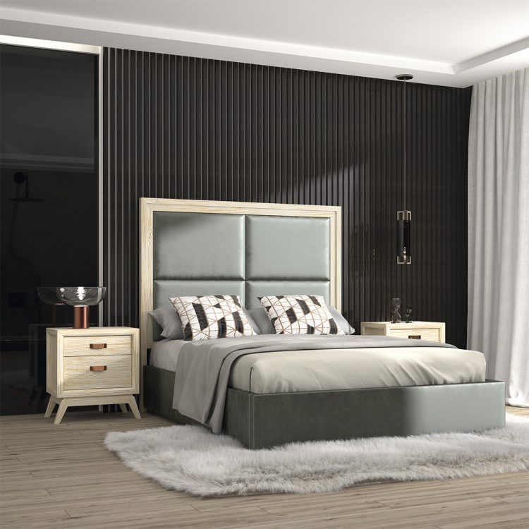 Dormitorio de matrimonio con detalles caoba