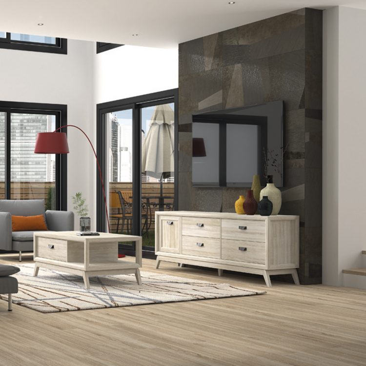 Moderno salón de madera con detalles ceniza