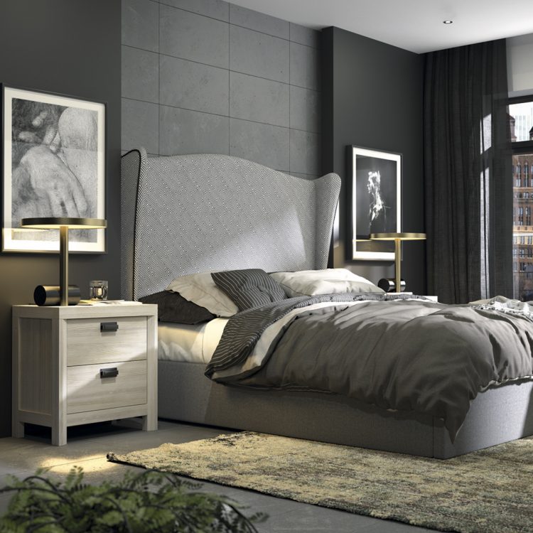 Dormitorio de matrimonio elegante con tonos oscuros