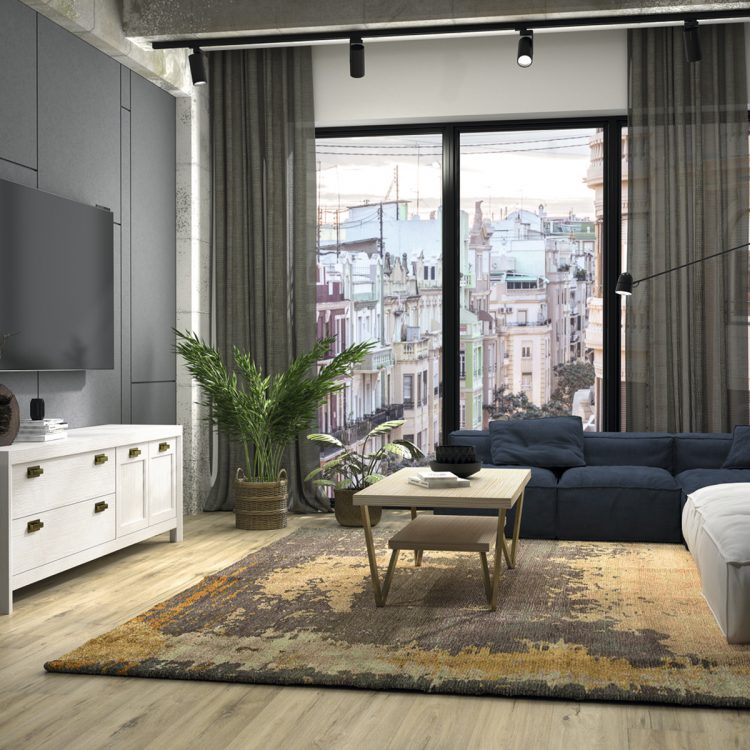 Salón completo de madera blanca y detalles elegantes