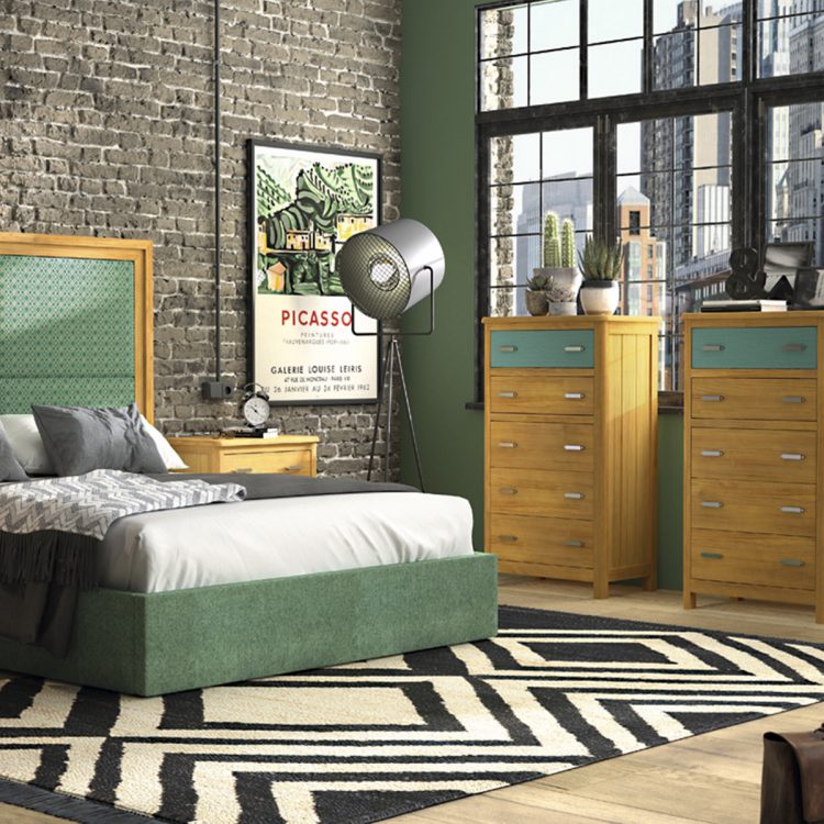 Dormitorio moderno para dos con tonos esmeralda