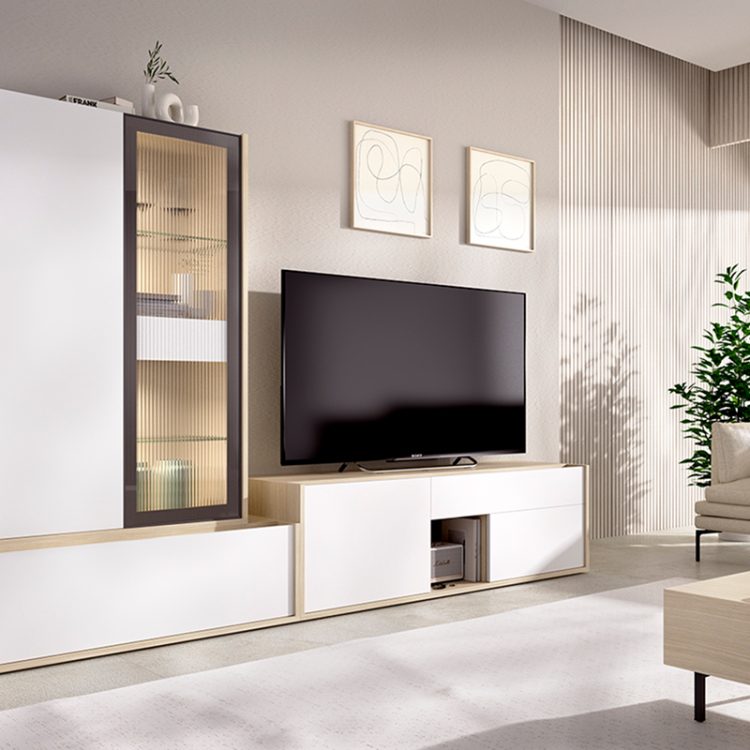 Aparador alto roble y blanco con vitrina de cristal