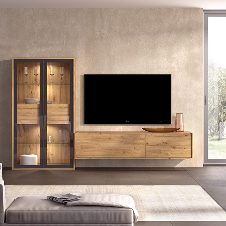 Composición de salón suspendida en acabado nórdico con vitrina iluminada